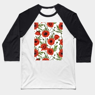 Poppies, red and green on  white Baseball T-Shirt